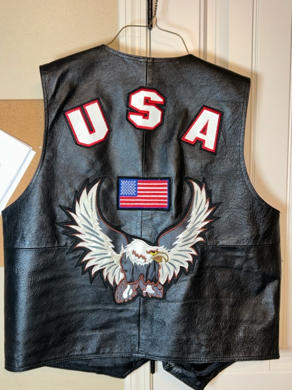 VTG Black Leather Vest with USA Patch & Eagle XXL